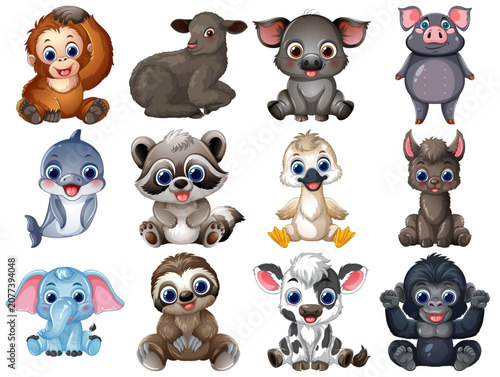 Set of Twelve Cute Cartoon Baby Animals on White Background