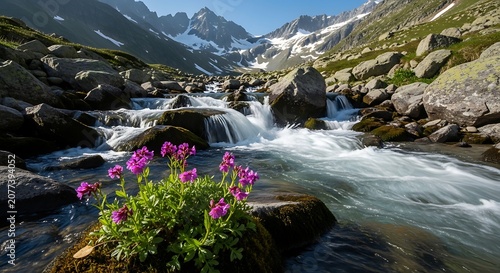 Serene mountain stream flowing through vibrant wildflowers.