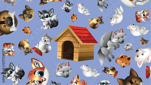 Cartoon Dog Characters and Wooden Doghouse Vector Pattern Background