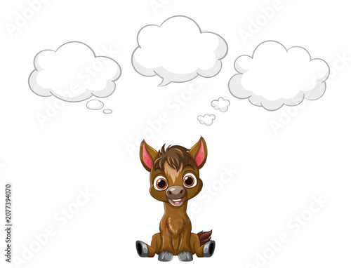 Cute Cartoon Brown Horse Sitting with Blank Thought Bubbles Vector Illustration