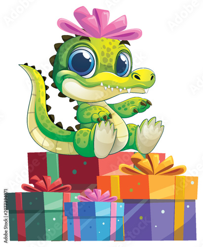 Cute Cartoon Baby Crocodile Sitting on a Pile of Colorful Gift Boxes