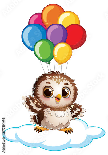 Cute Baby Owl Standing on Cloud with Colorful Balloons Vector Illustration