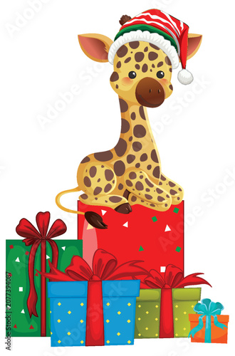 Cute Baby Giraffe Wearing Santa Hat Sitting on Christmas Gift Boxes