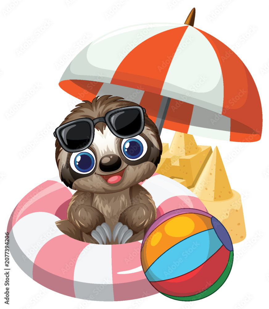 Obraz premium Cute Cartoon Sloth Relaxing with Beach Accessories and Sandcastle