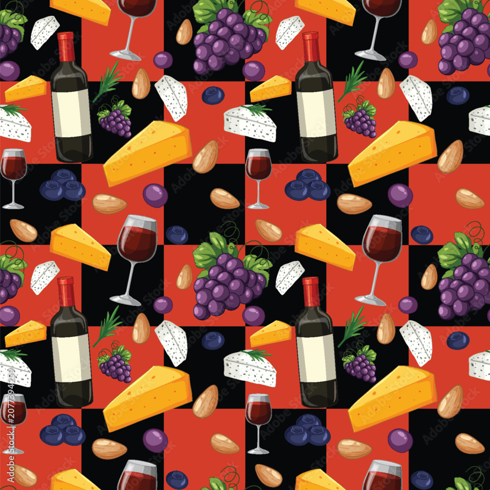Fototapeta premium Seamless Vector Pattern with Wine Bottles Grapes and Cheese Wedges