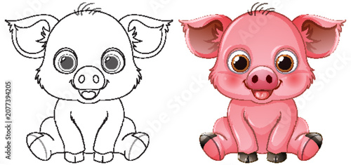 Cute Cartoon Piglet Illustration with Line Art and Colored Version