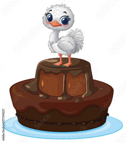 Cute Cartoon Baby Ostrich Standing on a Two Tier Chocolate Cake