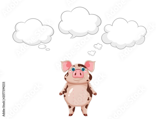 Cartoon Spotted Pig Thinking with Three Empty Speech Bubbles