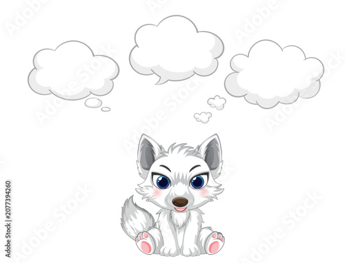 Cute White Wolf Pup Character with Blank Thought Bubbles