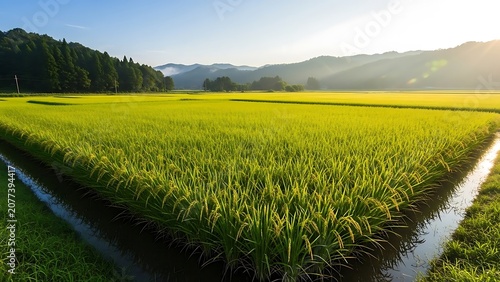 Serene rural landscape with flowing river and green fields.