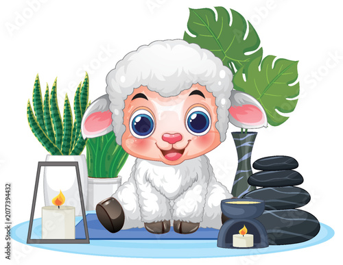 Cute Cartoon Lamb Relaxing in a Spa with Candles and Stones