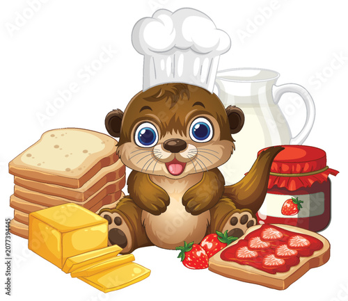 Cartoon Otter Chef with Bread Jam and Milk Breakfast Illustration