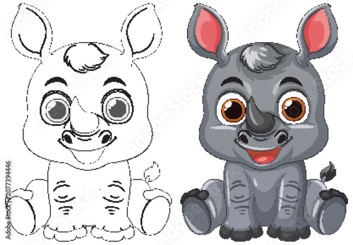 Cute Baby Rhinoceros Cartoon Illustration with Line Art Version