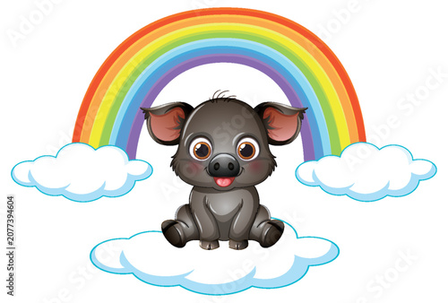 Cute Baby Boar Sitting on Cloud with Rainbow Background Vector Illustration