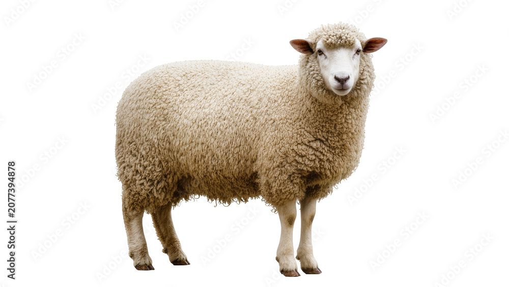 Fototapeta premium Woolly sheep standing profile view on white