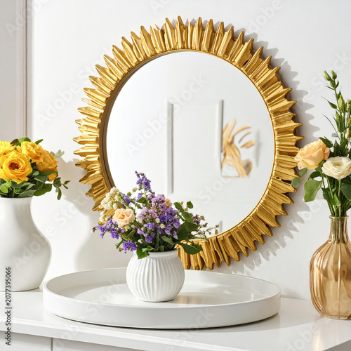 Elegant Gold Framed Mirror with Floral Decor in Modern Interior