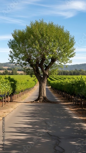 Serene tree lined road leading to distant mountains.