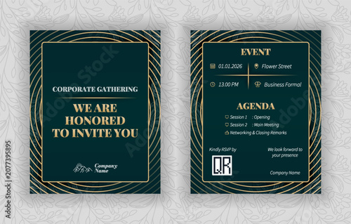 Konstfotografi Elegant dark green and champagne gold corporate invitation card, editable vector
