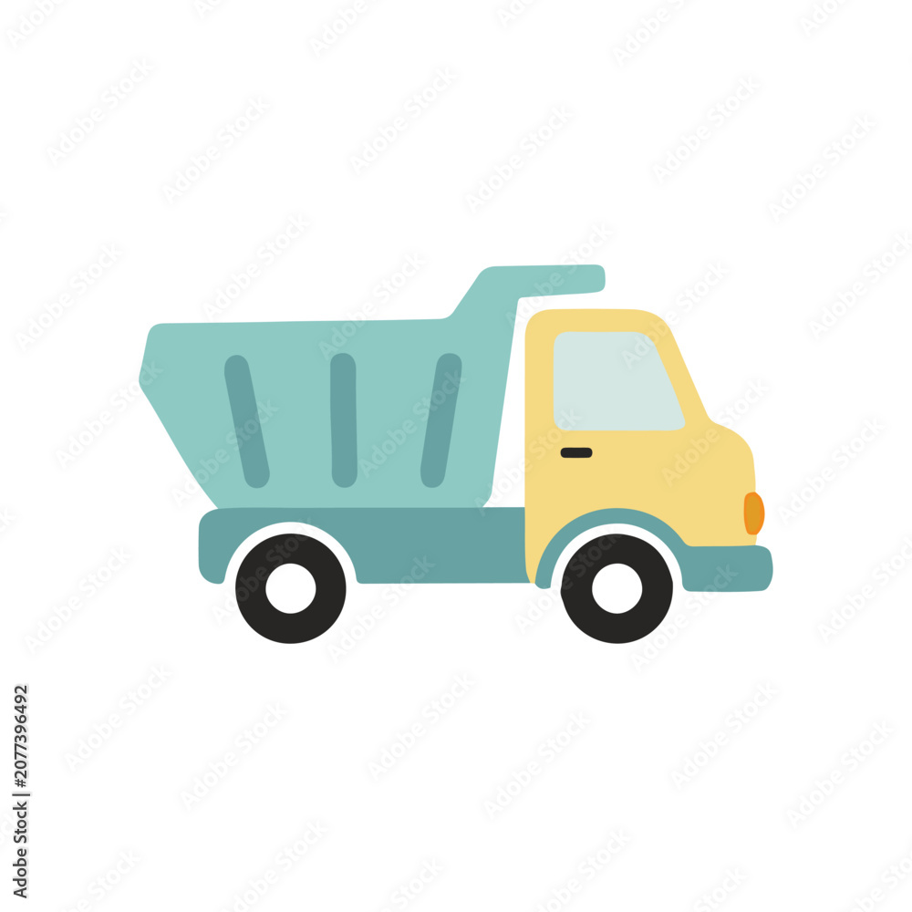Fototapeta premium Cute pastel dump truck toy vehicle flat vector illustration isolated on white background