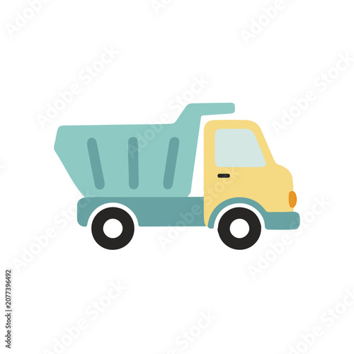 Cute pastel dump truck toy vehicle flat vector illustration isolated on white background