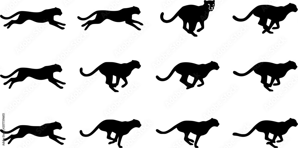 Fototapeta premium Cheetah Running silhouette icon set, flat black glyph style, pure white background