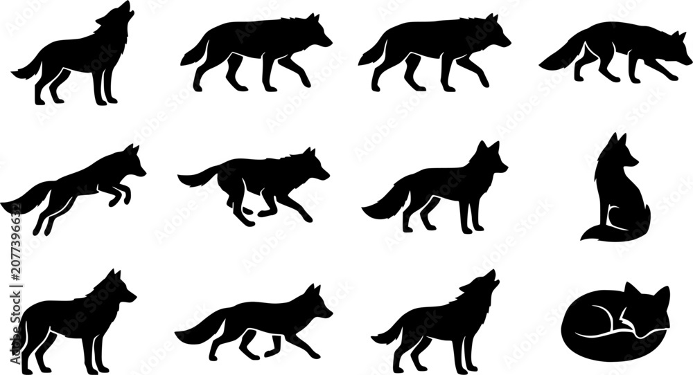 Obraz premium Wolf & Fox silhouette icon set, flat black glyph style, pure white background