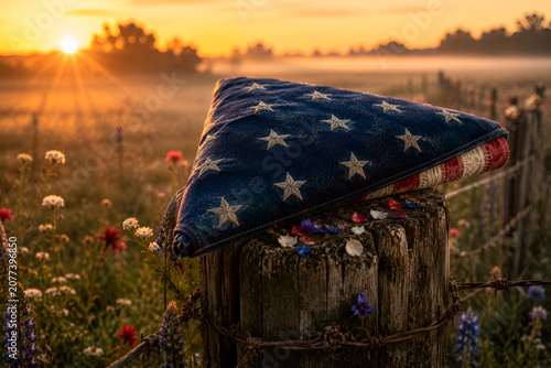 Saturated blue fireworks sky with waving American flags and dramatic patriotic brightness