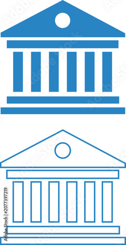Bank building, courthouse museum icons set. Government finance institution, pillar column architecture symbol. Blue filled, outline flat vector.