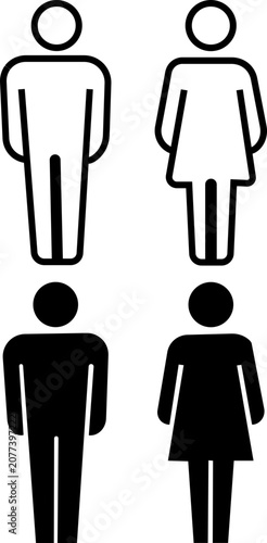 Man woman gender figure icons set. Male female person human body symbol. Restroom, toilet bathroom sign, black outline, filled flat vector.