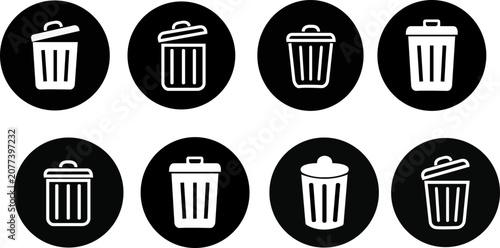 Trash can delete bin icons set. Recycle garbage basket remove symbol. Black circle badge, open, closed lid white filled flat vector.