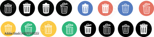 Trash can delete bin icons set. Recycle garbage basket remove symbol. Black, blue, red, yellow, green circle badge, colorful flat vector.