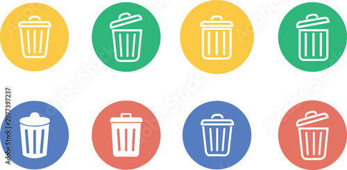 Trash can delete bin icons set. Recycle garbage basket remove symbol. Yellow, green, blue, red colorful circle badge, flat vector.