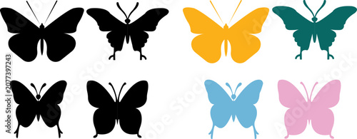 Butterfly insect silhouette icons set. Nature wing moth symbol collection. Black, orange, teal, blue, pink colorful filled flat vector.