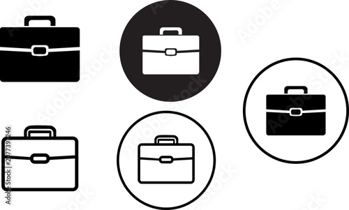 Briefcase business portfolio bag icons set. Office work job career suitcase symbol. Black, white circle badge, outline filled flat vector.