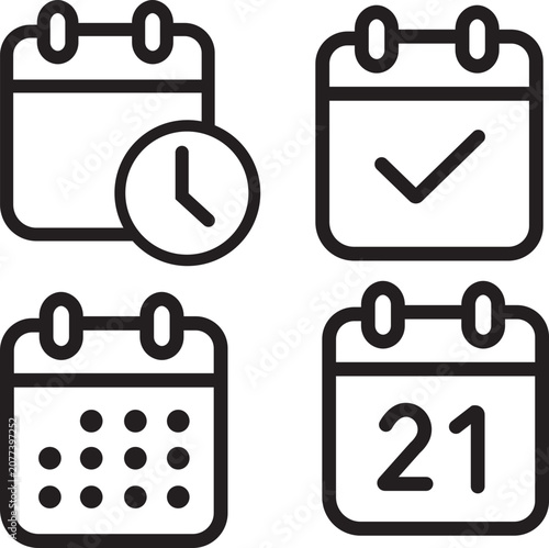 Calendar date schedule icons set. Event planner clock, checkmark, day number organizer symbol. Black outline stroke flat vector.