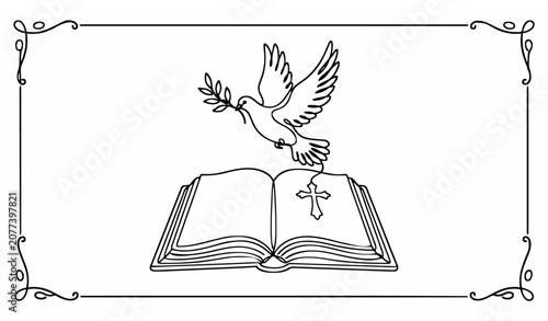 Canvas Print Holy Bible open book with flying dove continuous line art vector illustration Ch