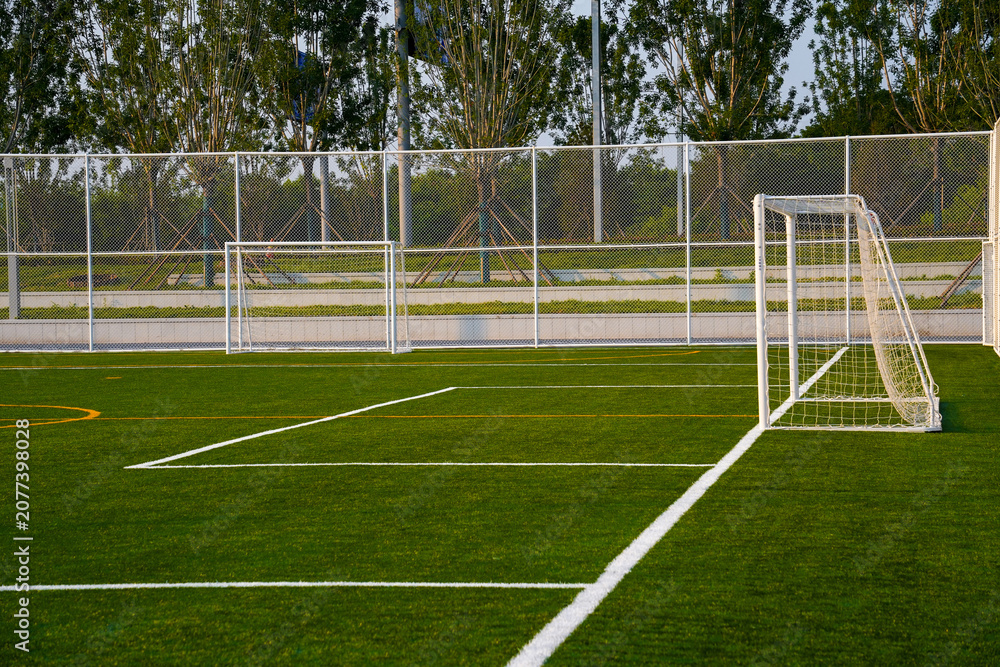 Fototapeta premium Outdoor Artificial Turf Soccer Field with Goals and Fence