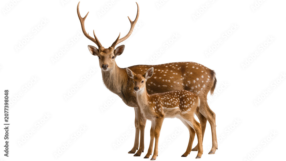Fototapeta premium Spotted deer buck and fawn standing together