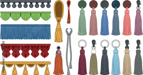 Foto Decorative Tassel and Fringe Border Vector Illustration Set with Macrame Edging