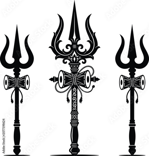 Traditional Trishul trident vector set with damru drum Hindu religious symbols isolated on white background