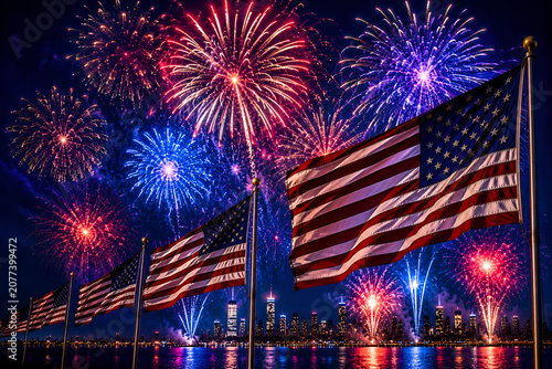 Realistic fireworks display with waving American flags against a clean blue holiday backdrop