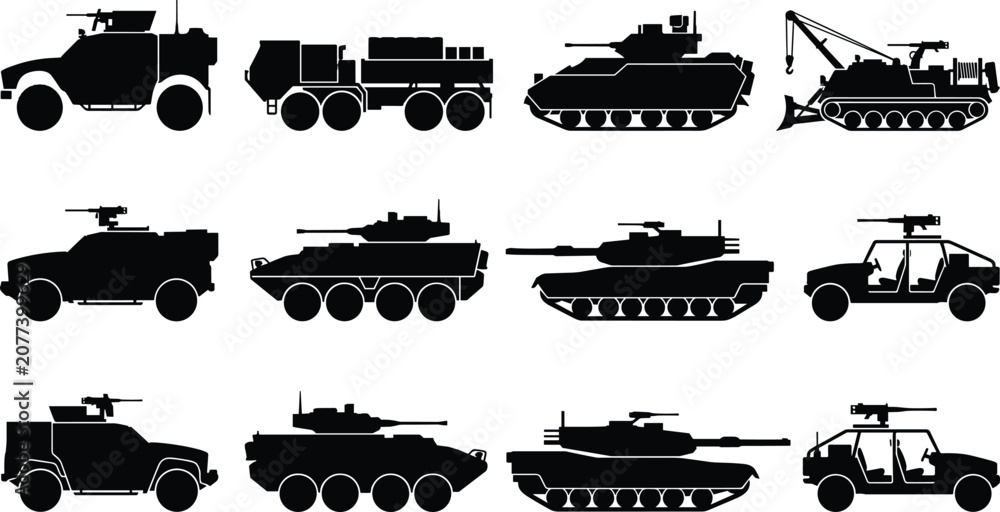 Fototapeta premium Set of military vehicle silhouettes including armored tanks, transport trucks, and combat tactical patrol cars