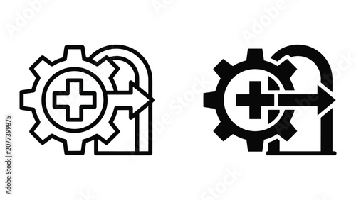 Healthcare process optimization and medical workflow management icon set with gear and cross symbol in outline and solid vector styles for hospital operations and clinical efficiency software