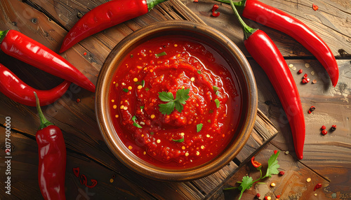 Spicy red chili sauce in a bowl surrounded by fresh chili peppers