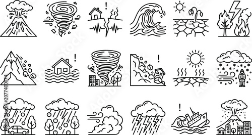Bild auf Leinwand Natural disasters line art vector icon set featuring earthquake volcano flood to