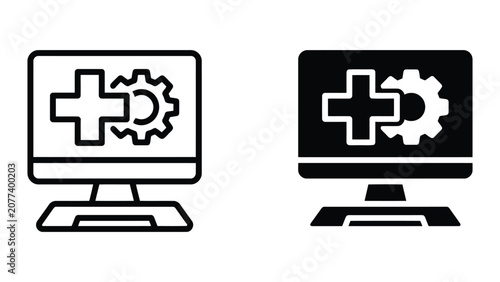 Medical computer monitor icon with cross symbol and gear cog showing healthcare system maintenance and digital health services in outline and solid glyph vector styles for medical software