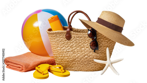 Fotografía Woven beach bag with straw hat sunglasses sunscreen flip-flops towel beach ball,
