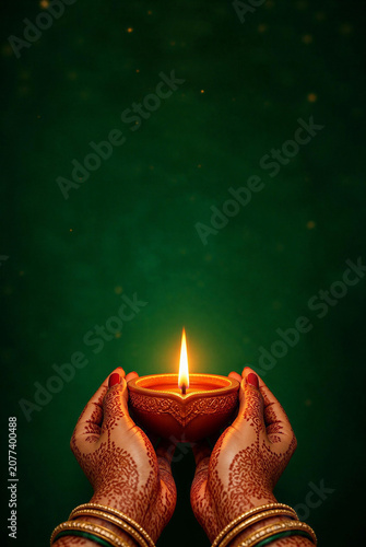 Hand of Indian woman with mehendi holding flame of diya, greeting card for traditional Indian religious holiday Diwali or Deepavali, festival of lights, free space for text