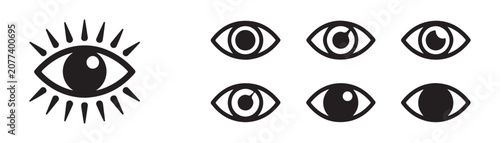 Bild auf Leinwand Vision and perception icons featuring sunburst lashes and diverse pupil reflections in black silhouette