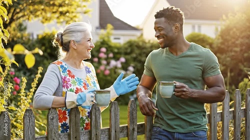 Smiling diverse neighbors talking over garden fence at sunset